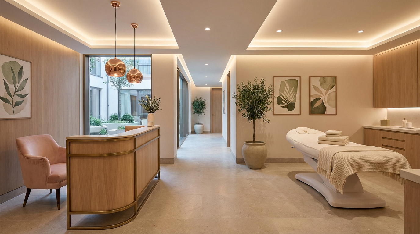 Intérieur moderne et lumineux d'un institut de beauté avec réception en bois, salle de soin, et décoration apaisante.