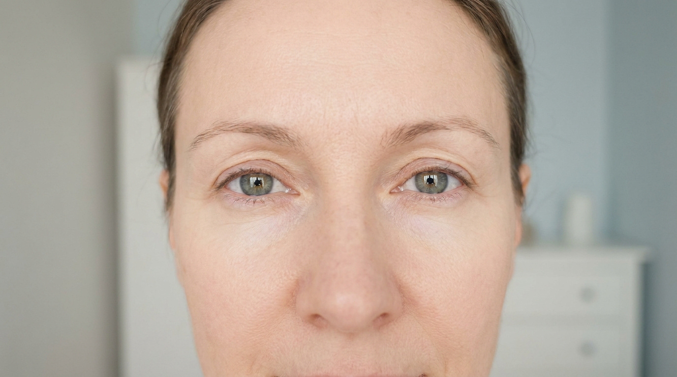 Gros plan sur les yeux et le front d'une femme, montrant de légères poches sous les yeux. Idéal pour un article sur la blépharoplastie.