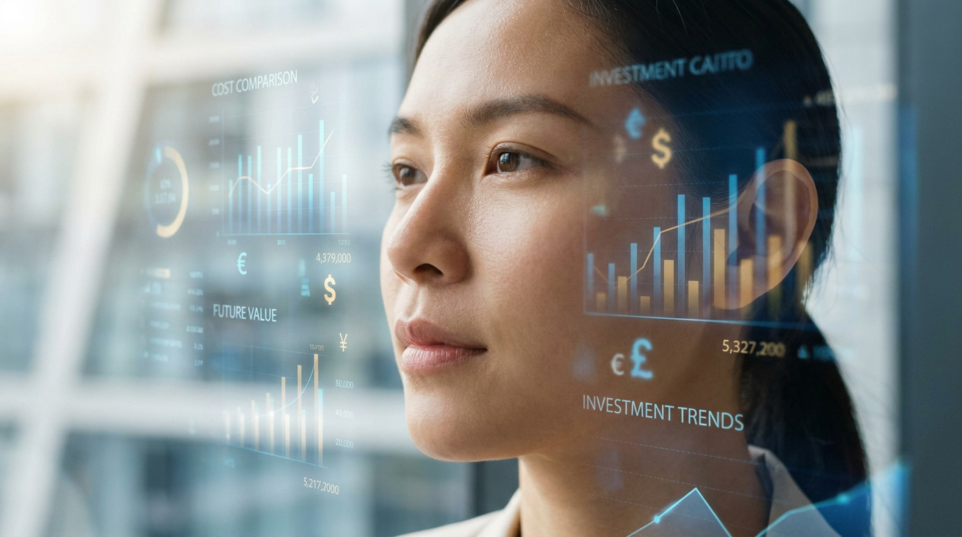 Femme asiatique regardant des graphiques financiers holographiques : comparaison de coûts, valeur future et tendances d'investissement.
