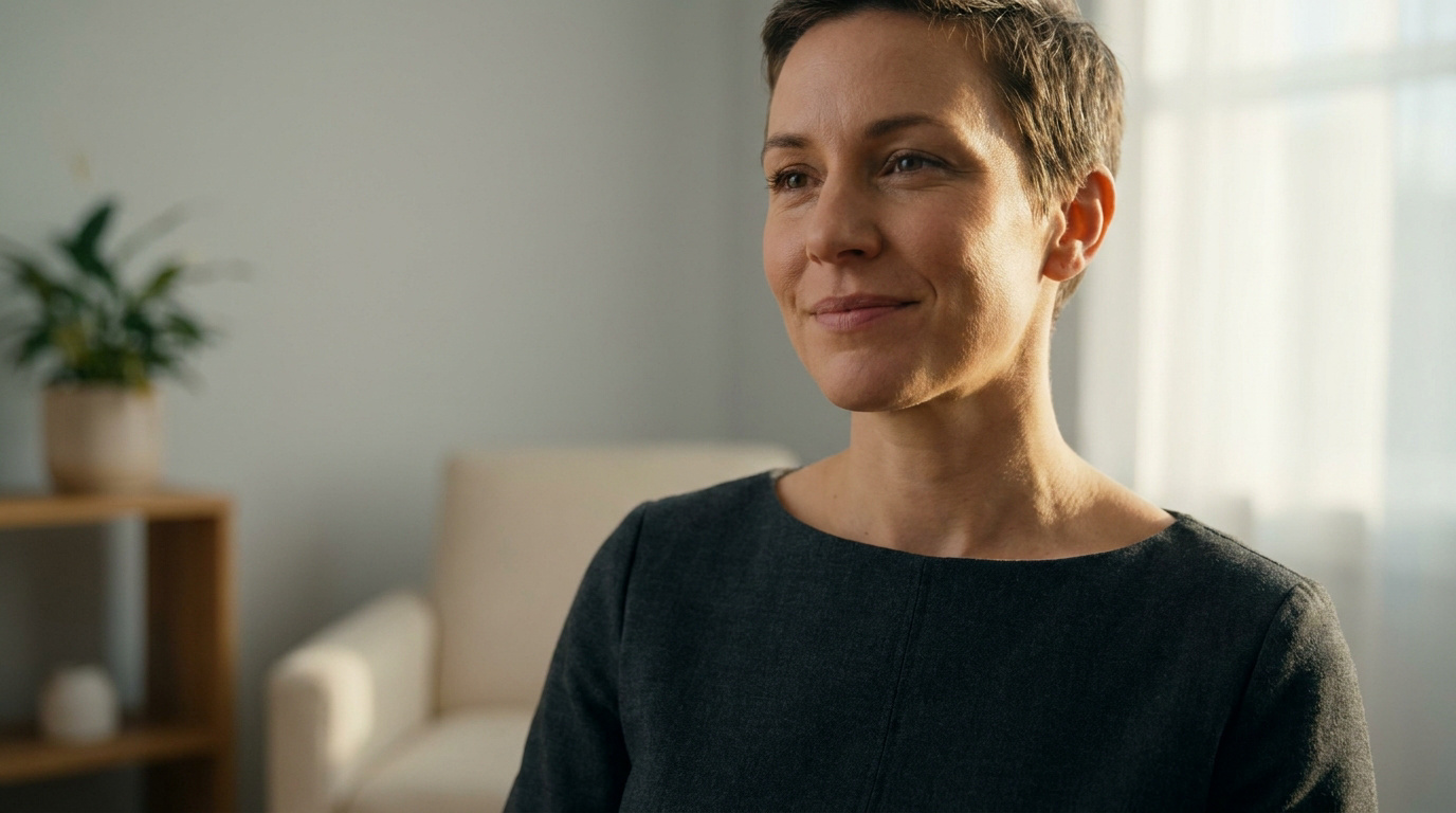 Portrait d'une femme souriante aux cheveux courts, regardant vers la droite. Lumière douce sur son visage dans un intérieur moderne.