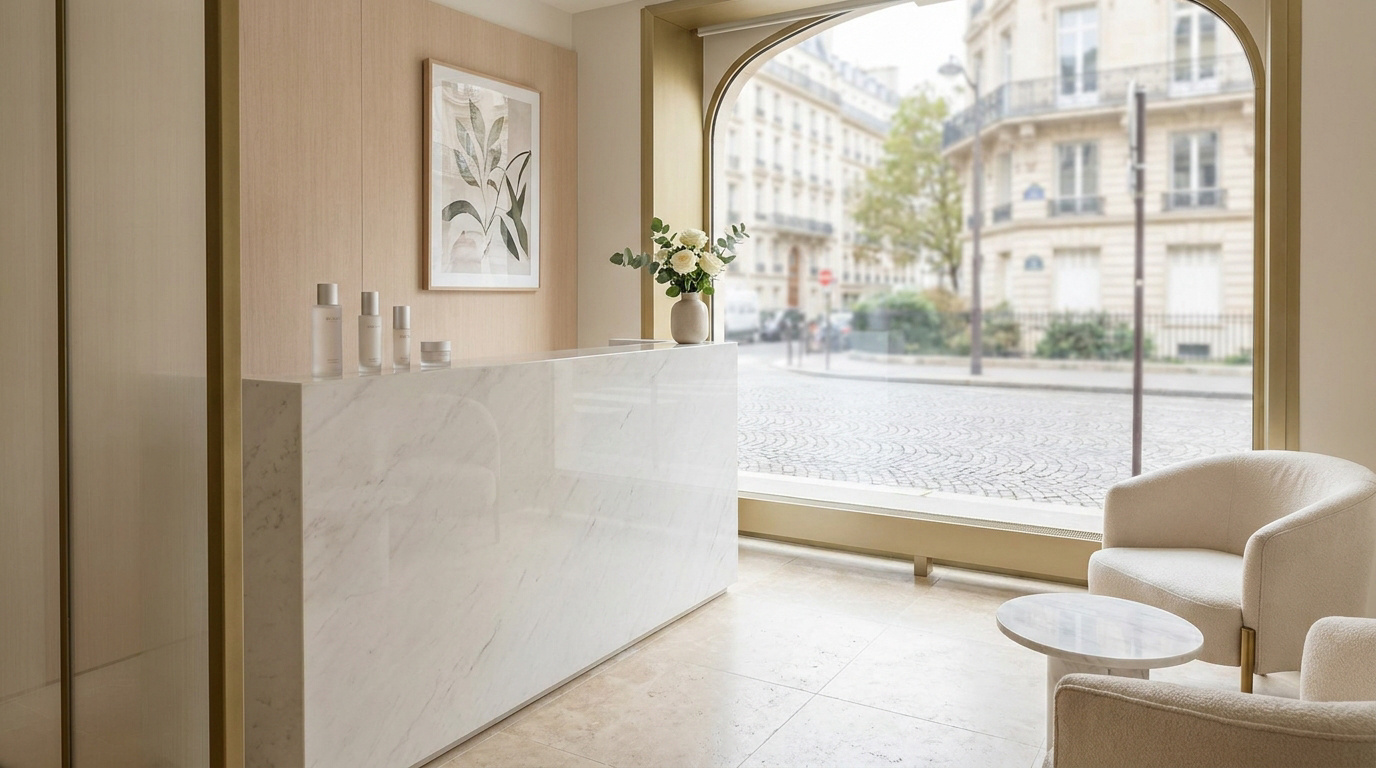 Réception moderne et lumineuse d'une clinique à Paris. Comptoir en marbre, produits de beauté, fauteuils confortables, vue sur rue pavée.