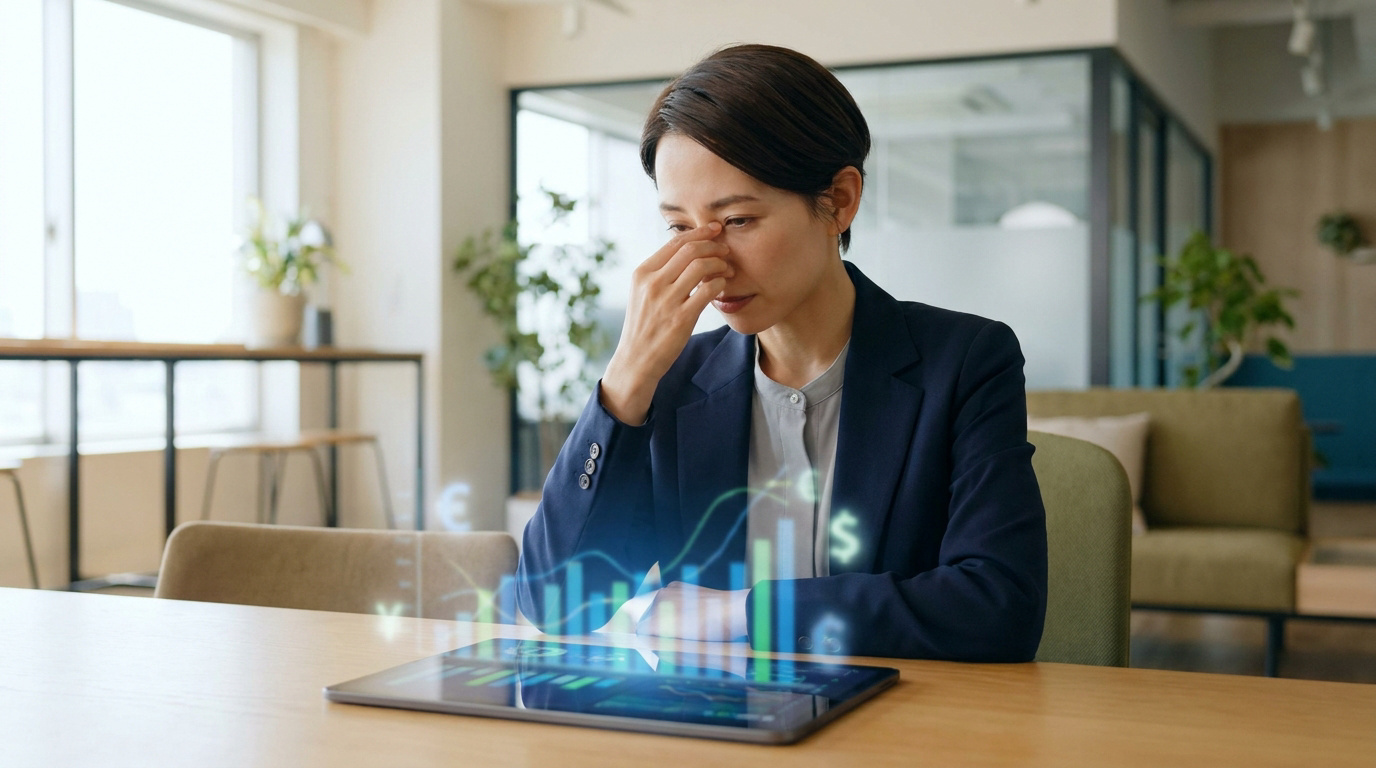 Une femme d'affaires l'air préoccupé, les doigts sur le nez, regarde des graphiques financiers holographiques sur une tablette.